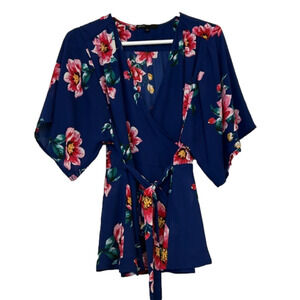 GibsonLook Blue Floral Mindy Wrap Blouse, Medium
